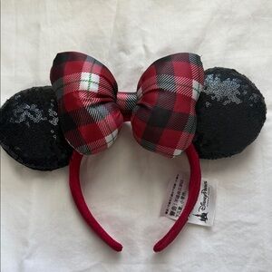 Disney Black Sequin Ears with Red Plaid Bow Headband